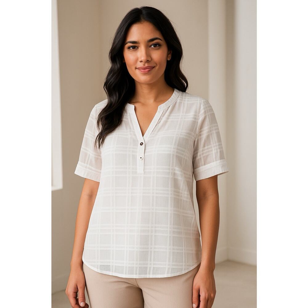 Alfani Petite Sheer White Blouse PS | V-Neck Check Texture Lightweight